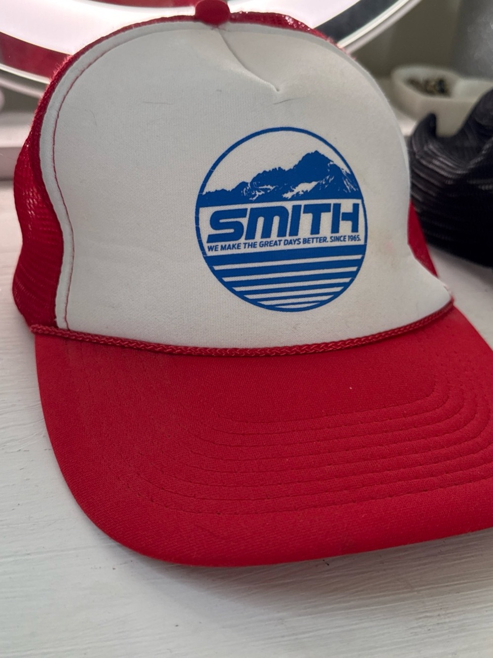 SMITH Red and White Trucker Hat with Blue Logo